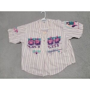 Vintage Esleep Shirt Womens Medium Striped Button Front Baseball Graphic Top 90s